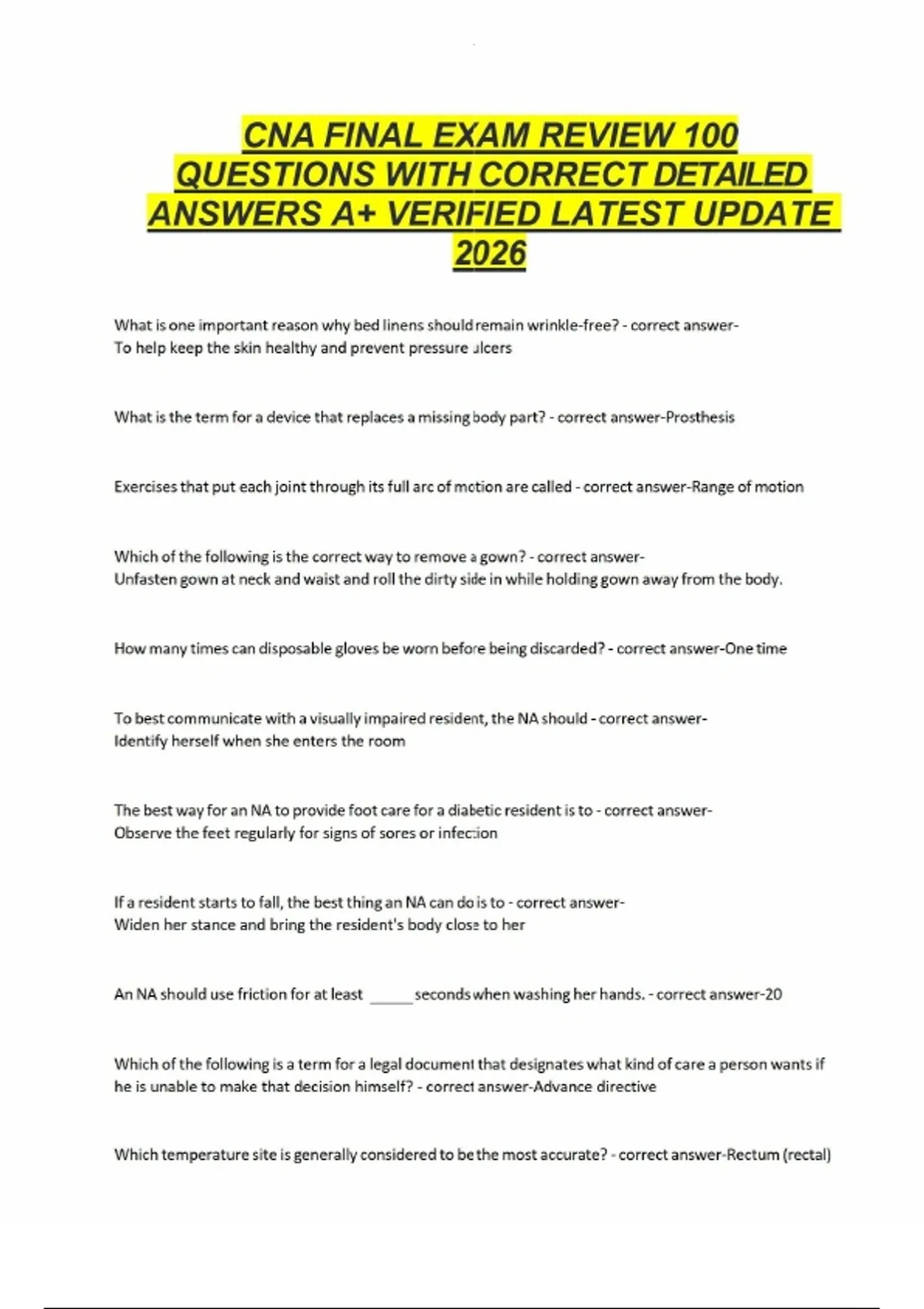CNA FINAL EXAM REVIEW 100 QUESTIONS WITH CORRECT DETAILED ANSWERS A+ ...