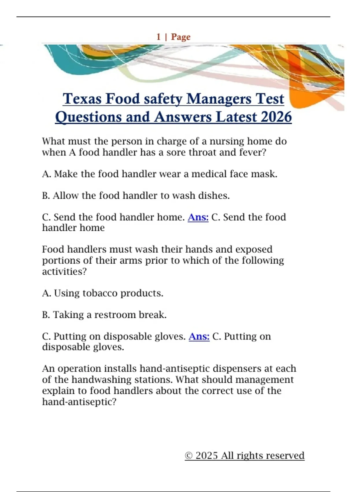 Texas Food safety Managers Test Questions and Answers Latest 2026 ...