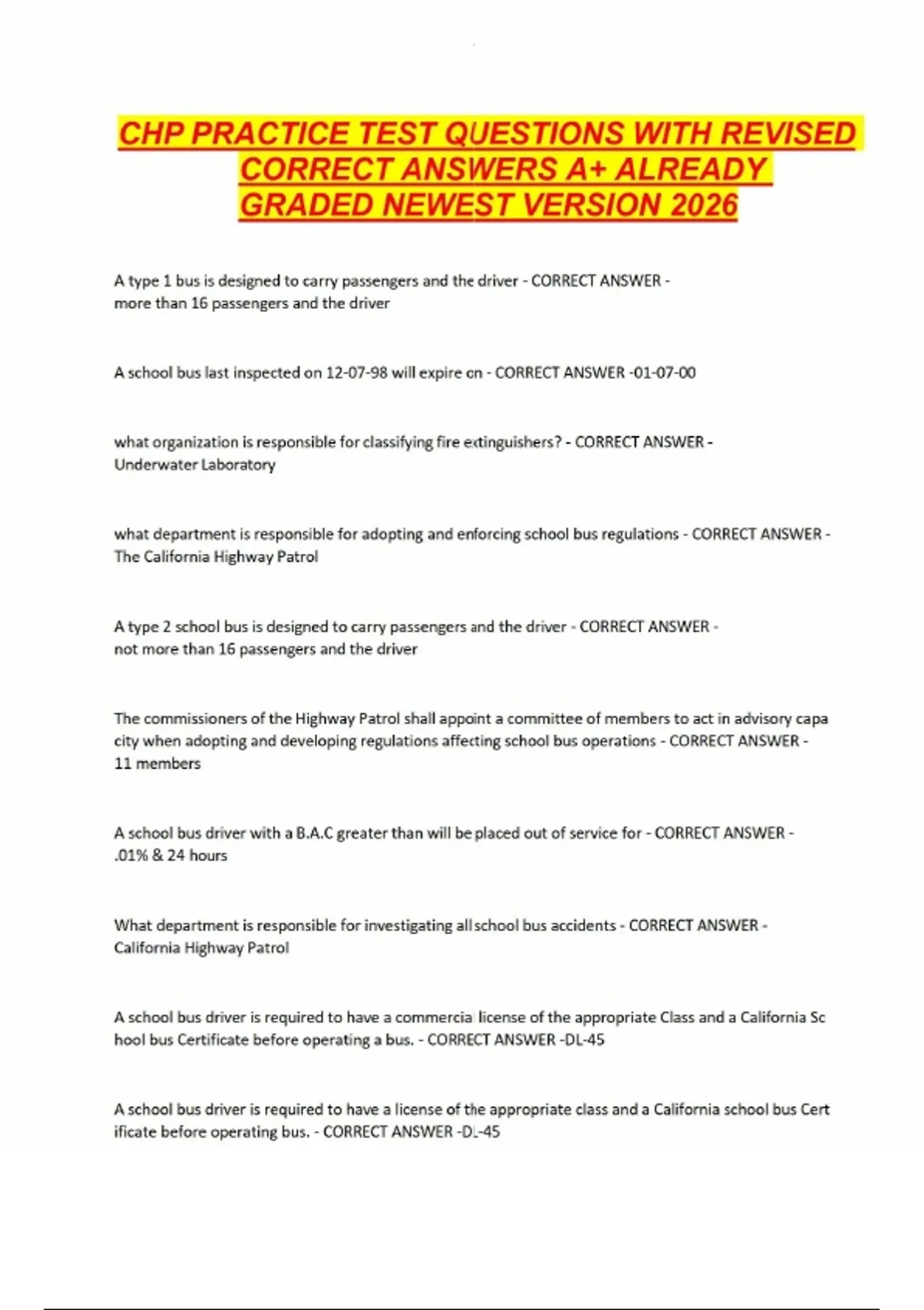 CHP PRACTICE TEST QUESTIONS WITH REVISED CORRECT ANSWERS A+ ALREADY GRADED NEWEST VERSION 2026 ...