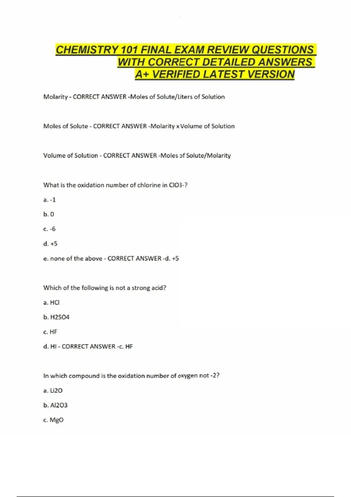 CHEMISTRY 101 FINAL EXAM REVIEW QUESTIONS WITH CORRECT DETAILED ANSWERS ...