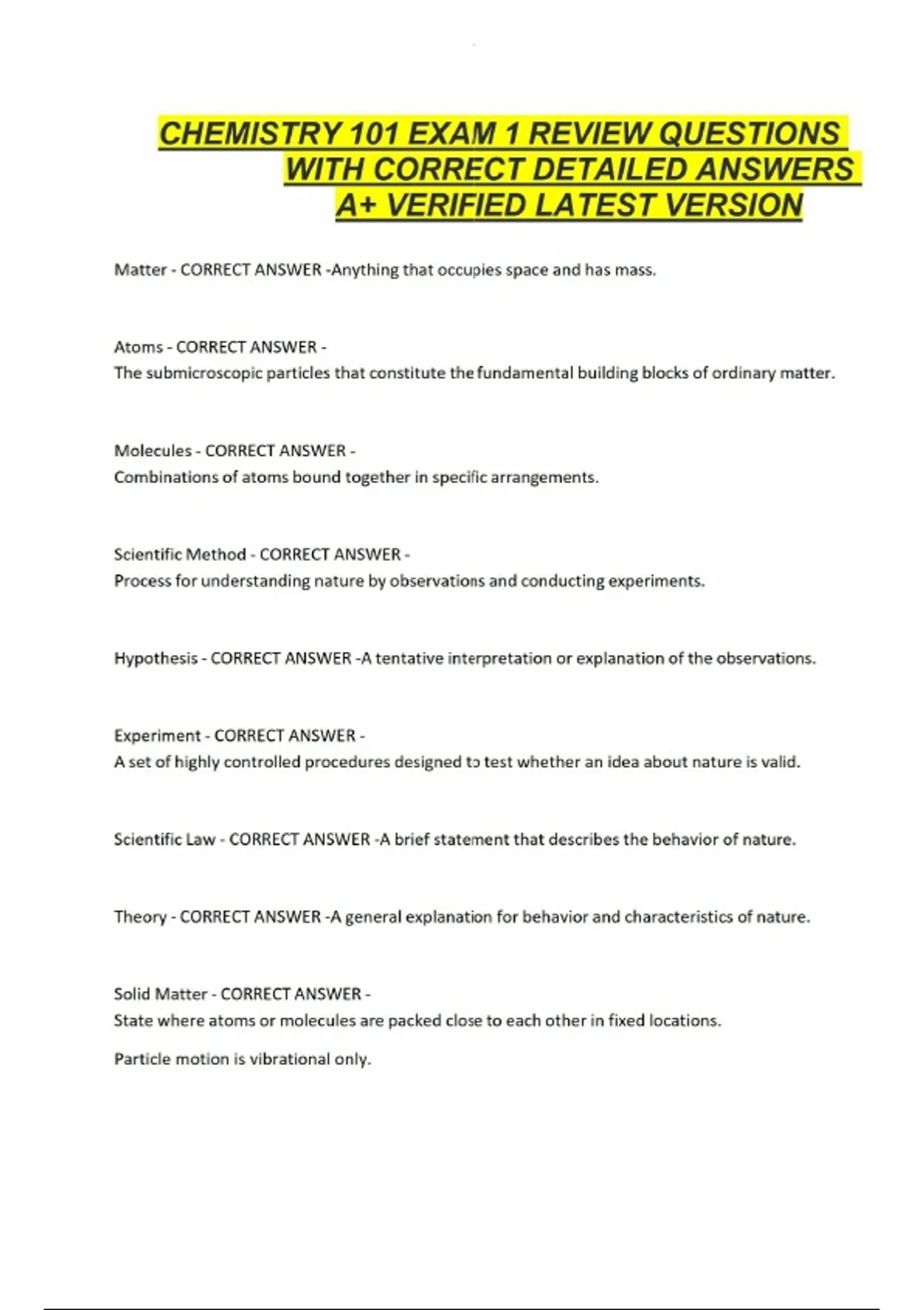 CHEMISTRY 101 EXAM 1 REVIEW QUESTIONS WITH CORRECT DETAILED ANSWERS A+ ...