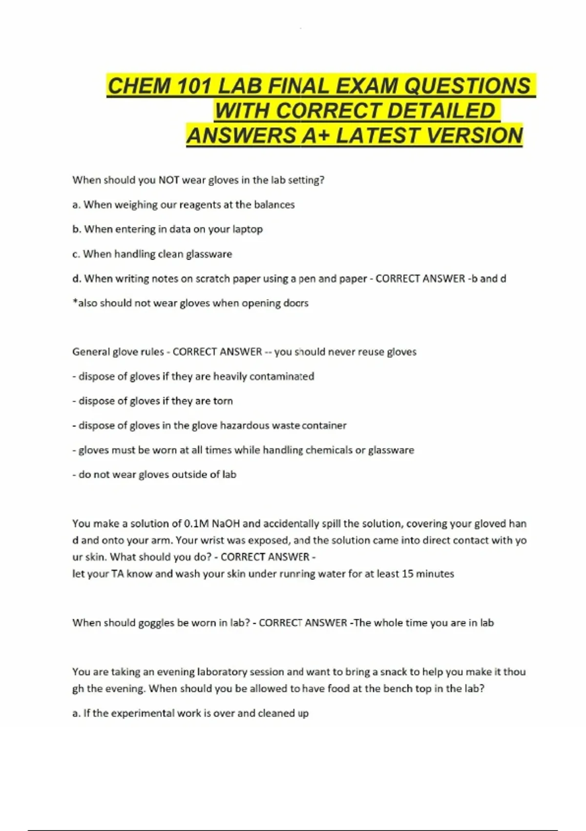 CHEM 101 LAB FINAL EXAM QUESTIONS WITH CORRECT DETAILED ANSWERS A+ ...