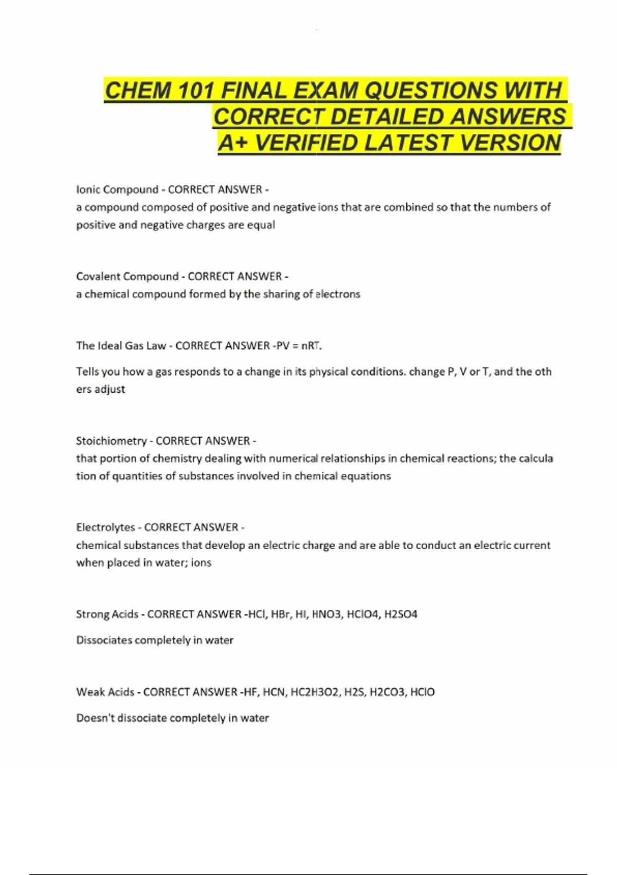 CHEM 101 FINAL EXAM QUESTIONS WITH CORRECT DETAILED ANSWERS A+ VERIFIED ...