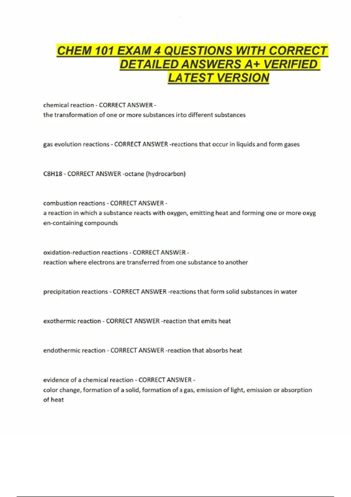 CHEM 101 EXAM 4 QUESTIONS WITH CORRECT DETAILED ANSWERS A+ VERIFIED ...