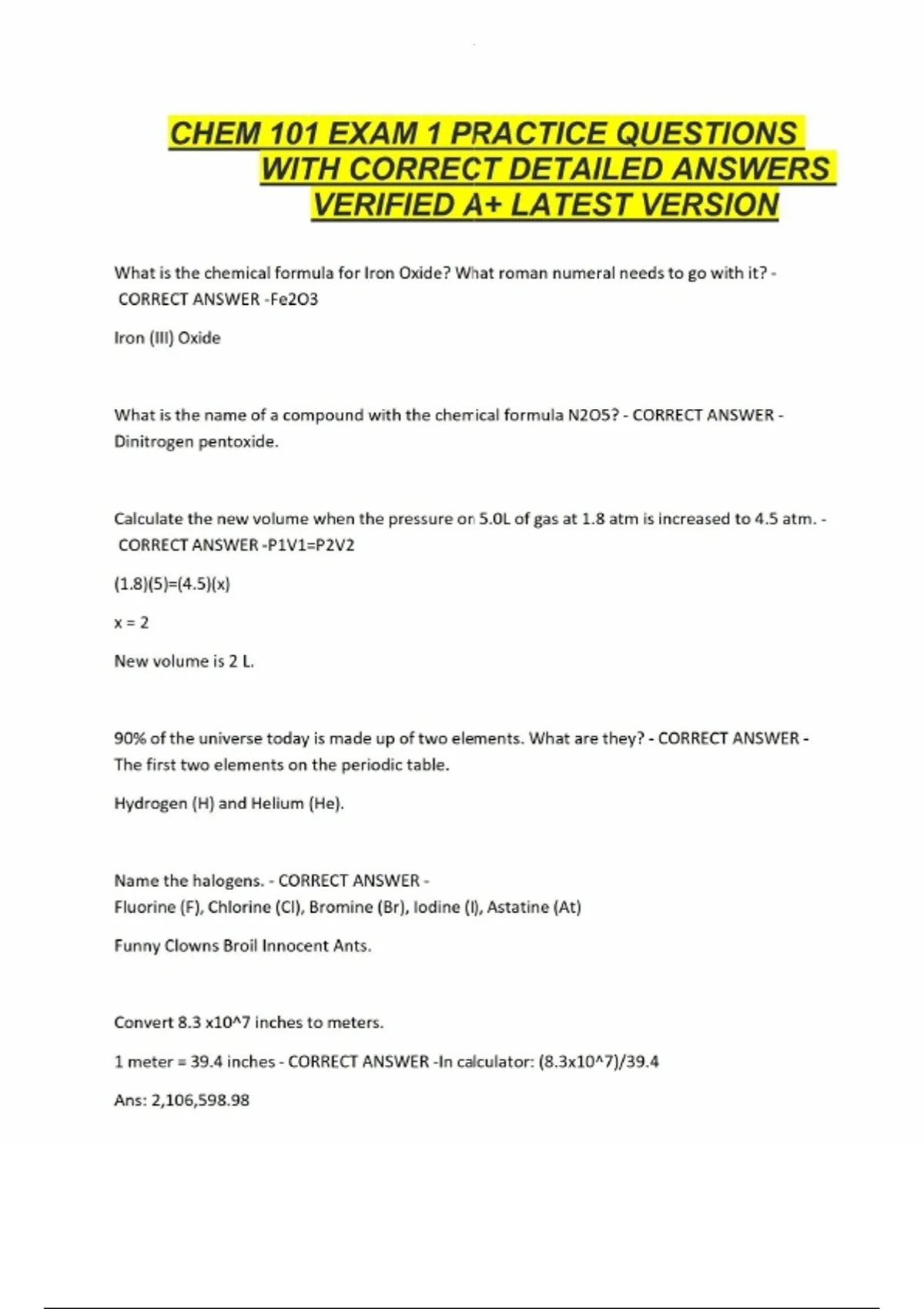 CHEM 101 EXAM 1 PRACTICE QUESTIONS WITH CORRECT DETAILED ANSWERS ...