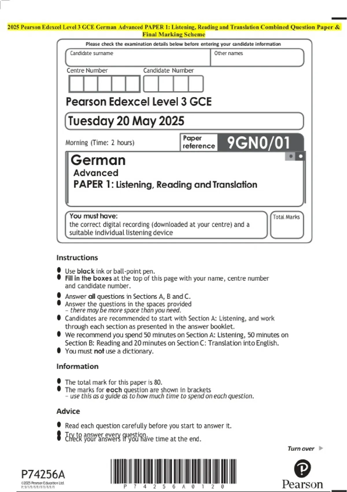 2025 Pearson Edexcel Level 3 GCE German Advanced PAPER 1: Listening ...