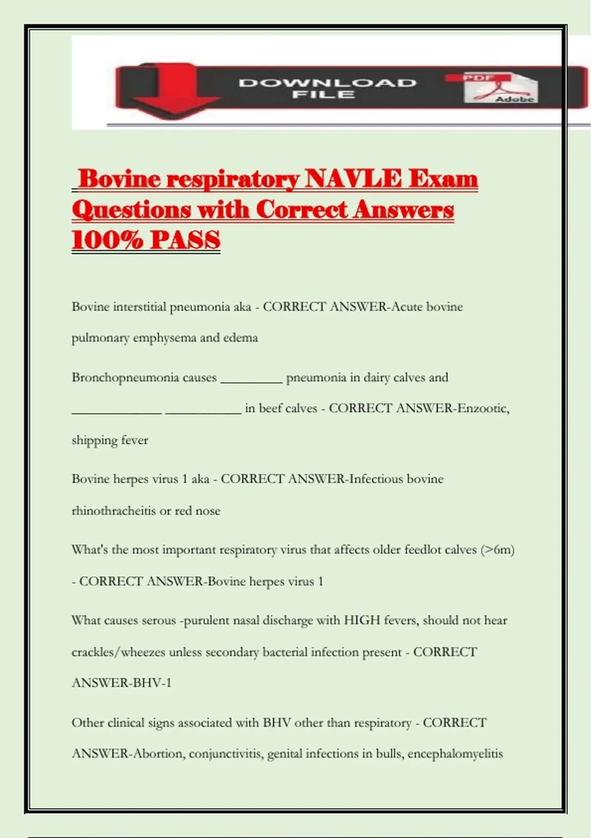 Navle Sample Questions Bovine respiratory NAVLE Exam Questions with Correct Answers 100% PASS ...