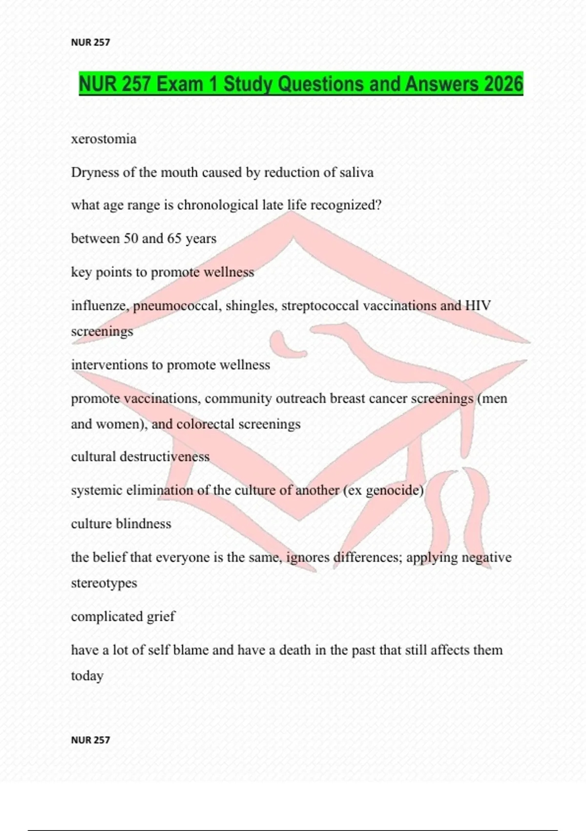 NUR 257 Exam 1 Study Questions and Answers 2026 - Nur 257 , (NUR257 ...