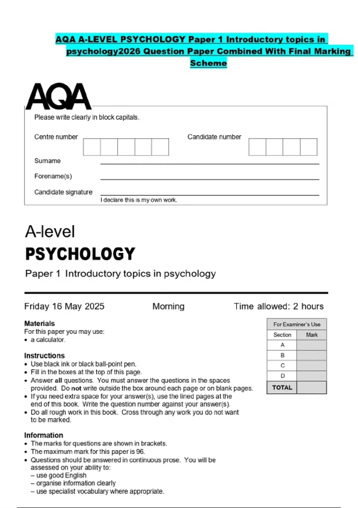 AQA A-LEVEL PSYCHOLOGY Paper 1 Introductory topics in psychology2026 ...
