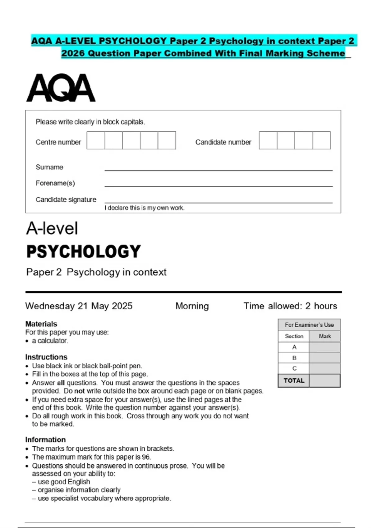 AQA A-LEVEL PSYCHOLOGY Paper 2 Psychology in context Paper 2 2026 ...