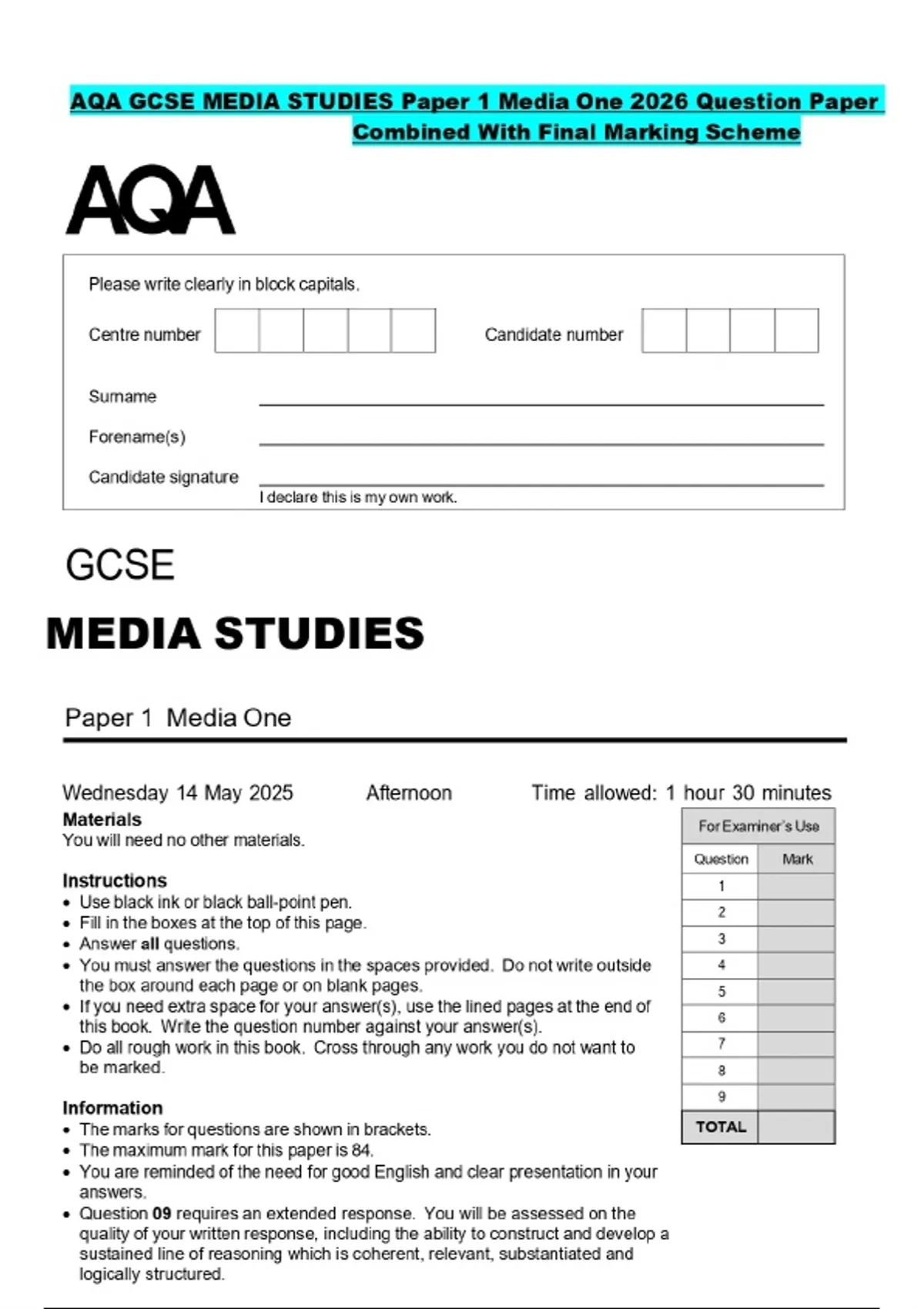 Media Gcse Questions AQA GCSE MEDIA STUDIES Paper 1 Media One 2026 Question Paper Combined ...