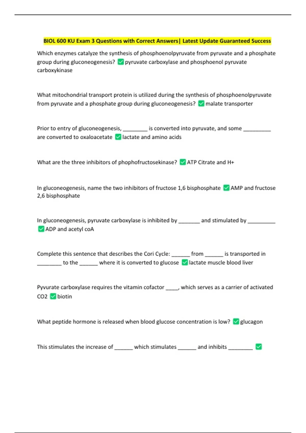 BIOL 600 KU Exam 3 Questions with Correct Answers| Latest Update - BIOL ...