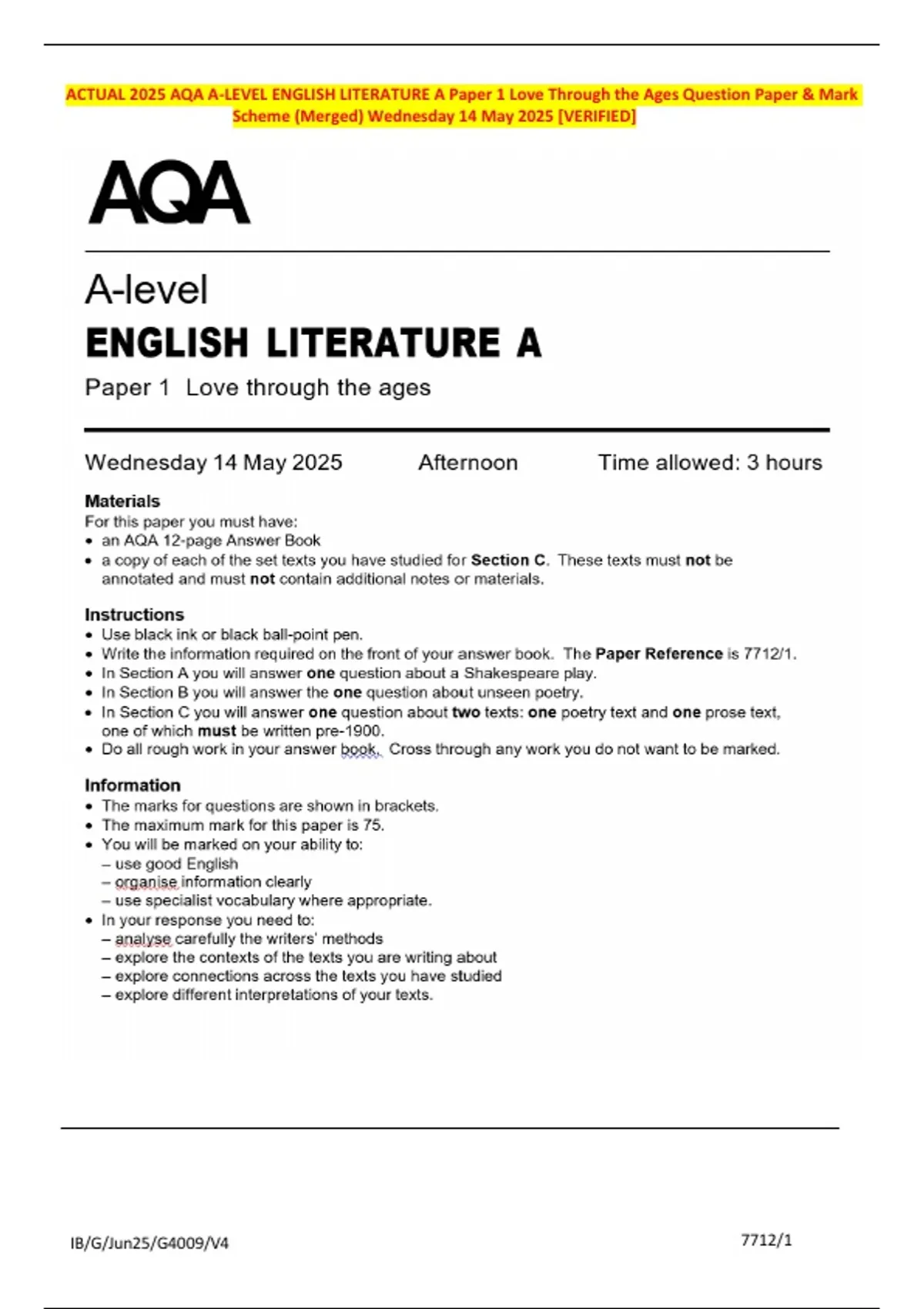 ACTUAL 2025 AQA A-LEVEL ENGLISH LITERATURE A Paper 1 Love Through the ...