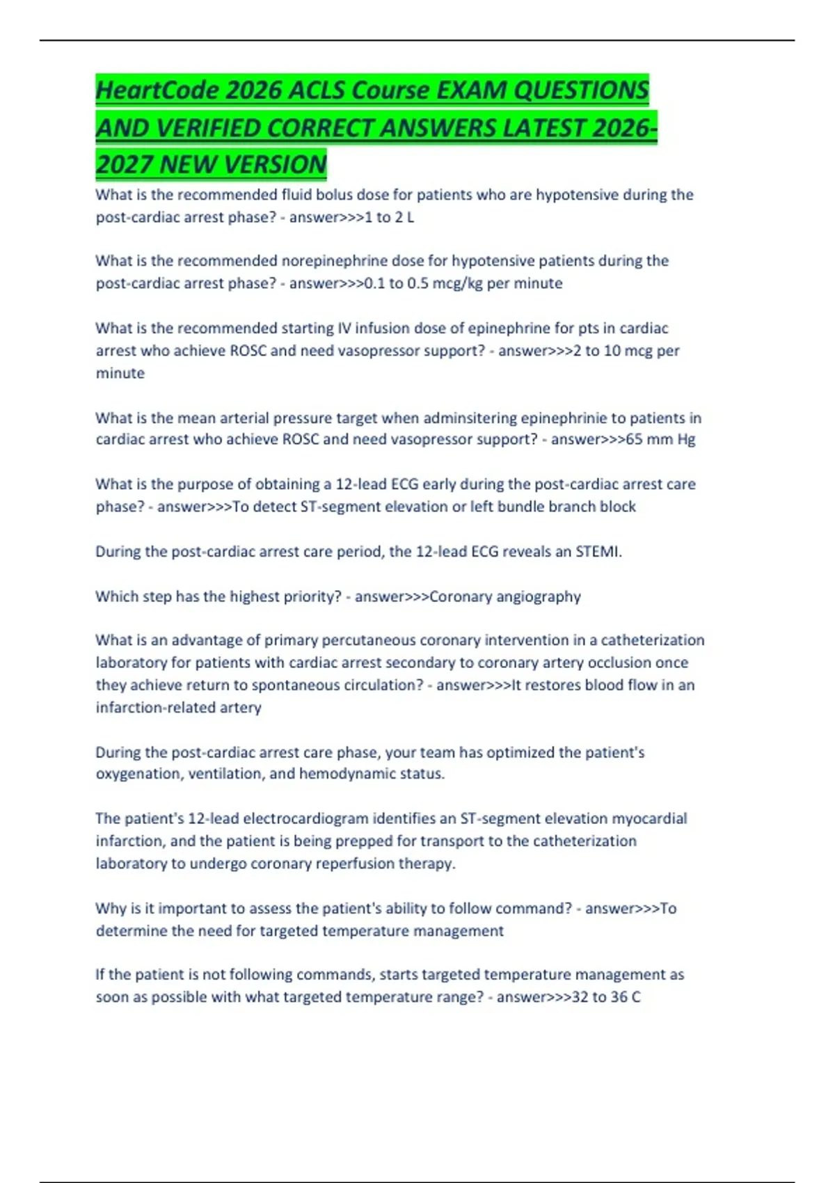 HeartCode 2026 ACLS Course EXAM QUESTIONS AND VERIFIED CORRECT ANSWERS ...