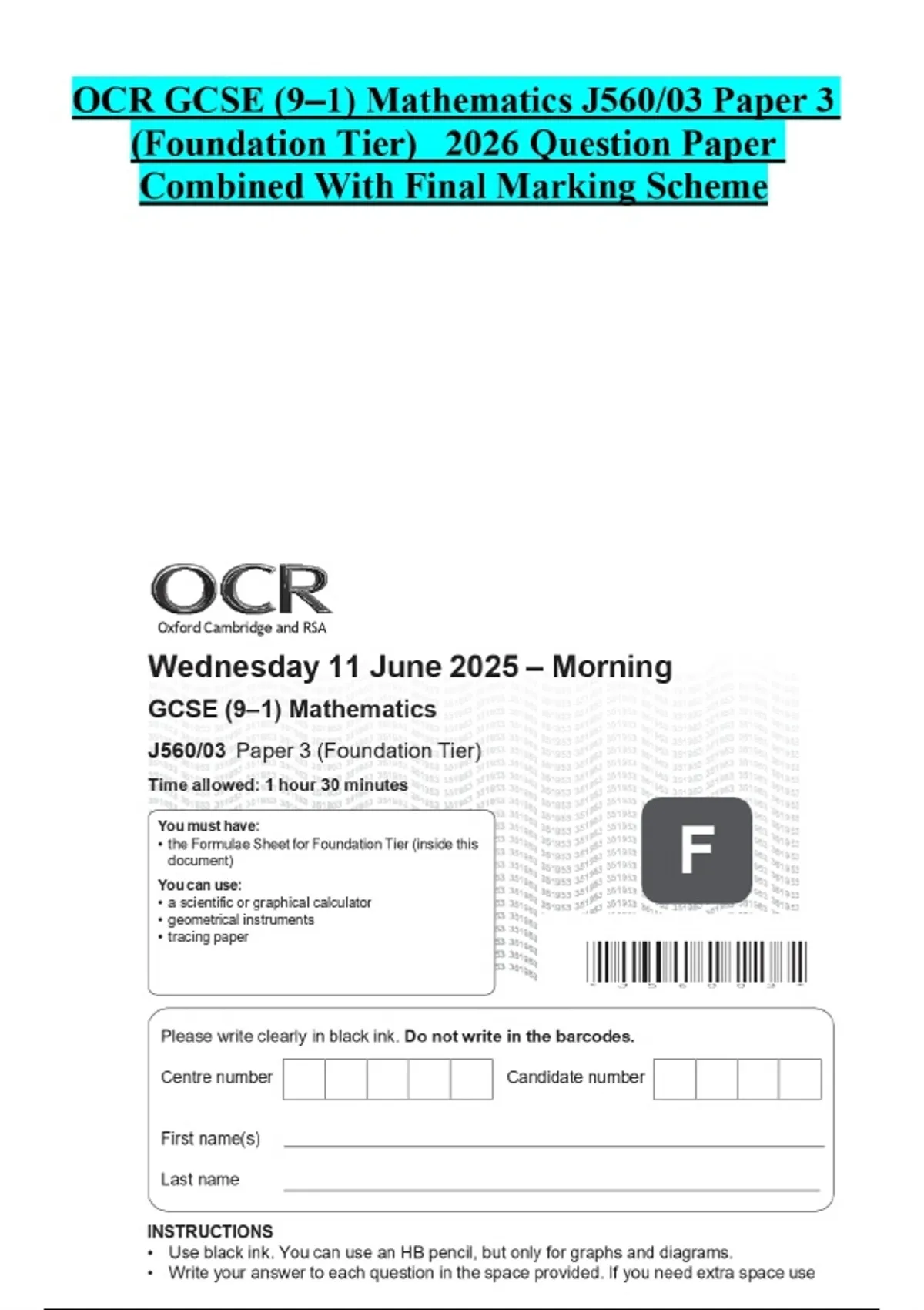 OCR GCSE (9–1) Mathematics J560/03 Paper 3 (Foundation Tier) 2026 ...