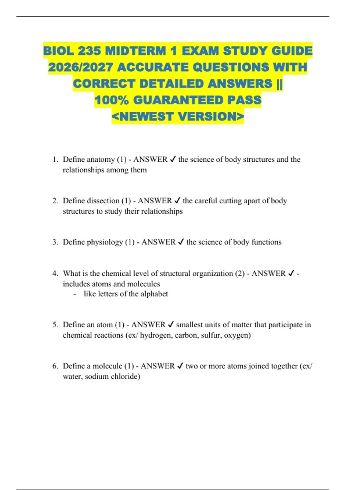 BUNDLE FOR BIOL 235 MIDTERM 1,2 & FINAL EXAM STUDY GUIDE 2026/2027 ...