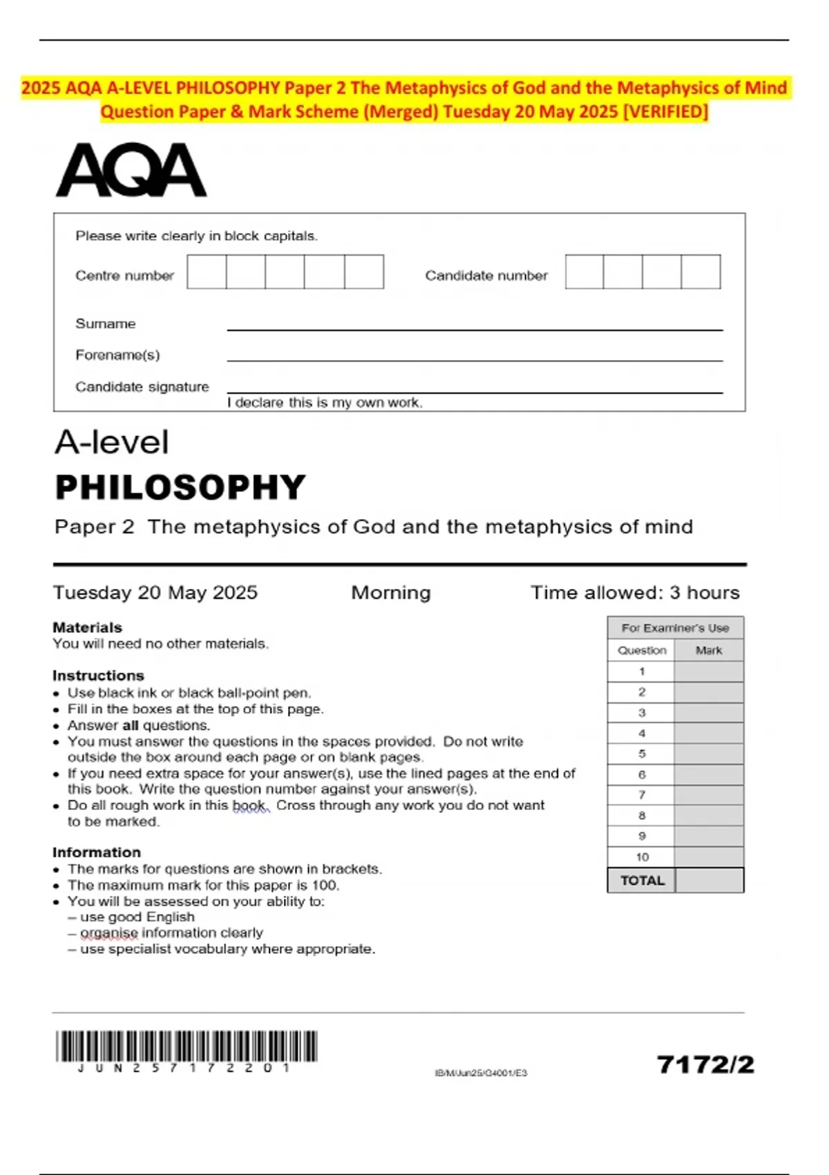 2025 AQA A-LEVEL PHILOSOPHY Paper 2 The Metaphysics of God and the ...