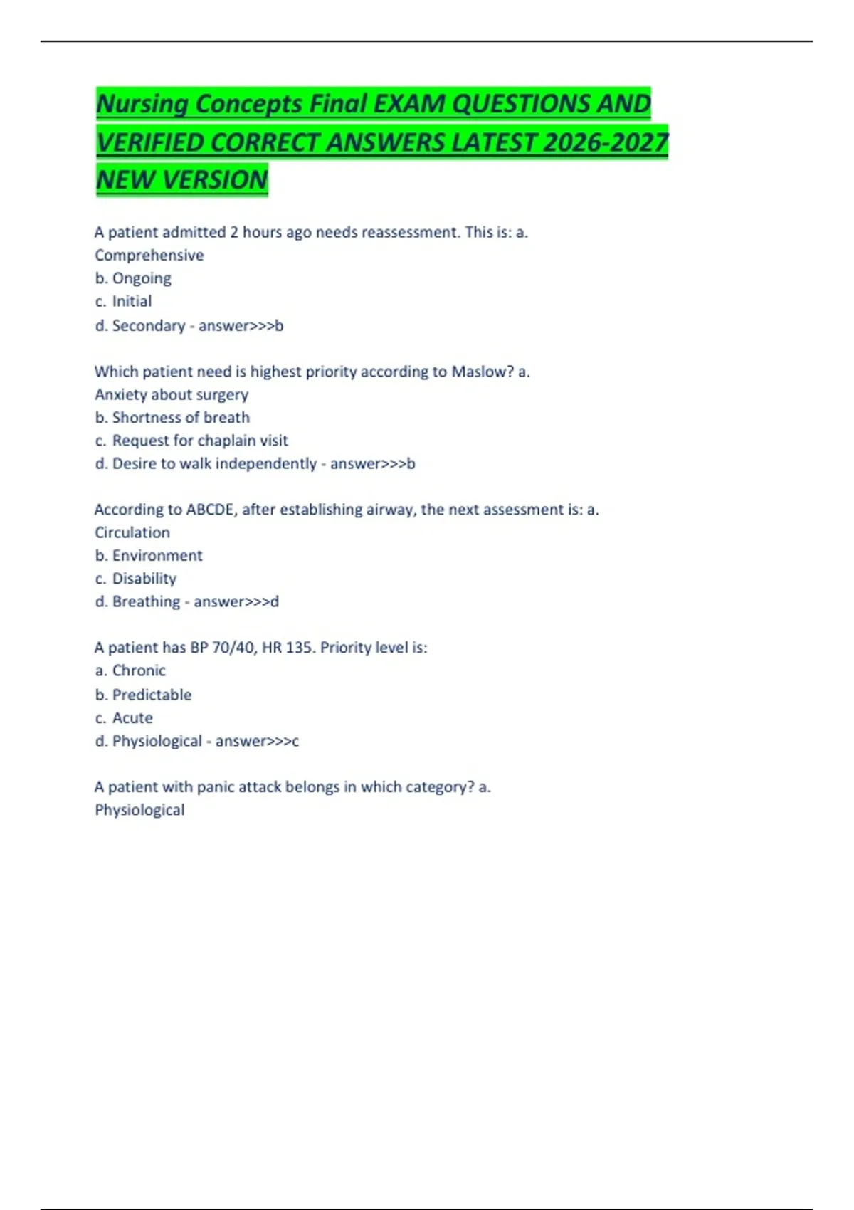 Nursing Concepts Final EXAM QUESTIONS AND VERIFIED CORRECT ANSWERS ...