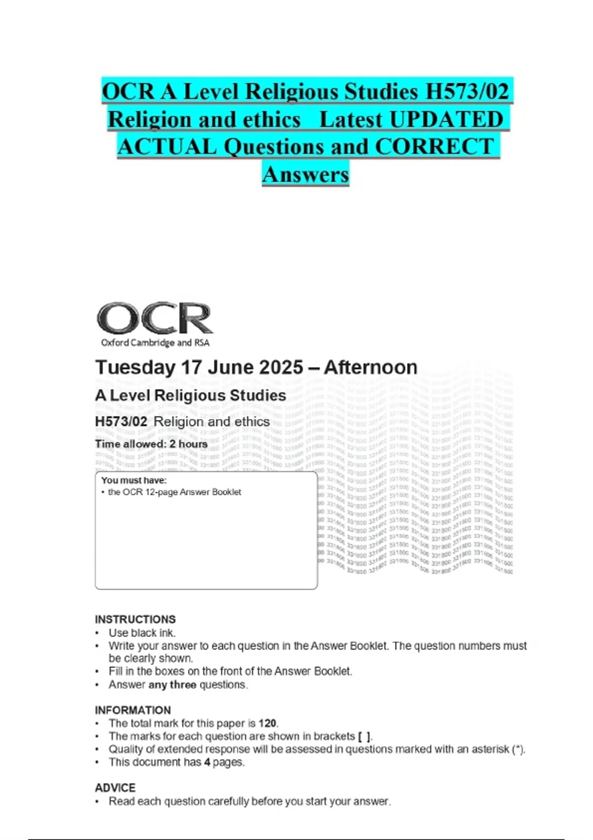 OCR A Level Religious Studies H573/02 Religion and ethics Latest ...