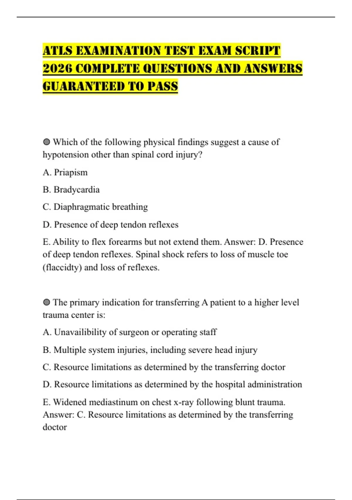 ATLS EXAMINATION TEST EXAM SCRIPT 2026 COMPLETE QUESTIONS AND ANSWERS ...