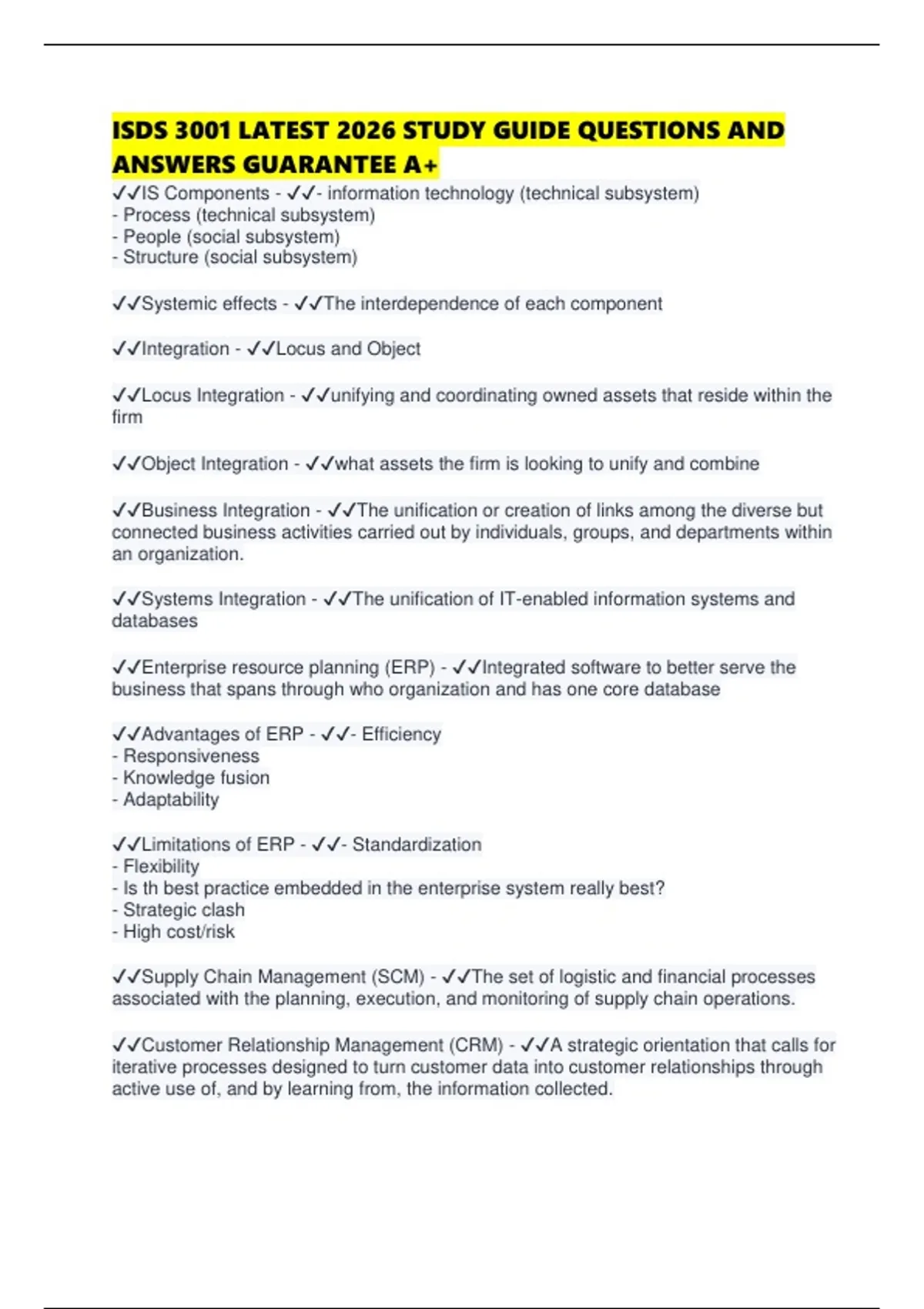 ISDS 3001 LATEST 2026 STUDY GUIDE QUESTIONS AND ANSWERS GUARANTEE A+ ...