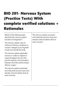 BIO 201- Nervous System &lpar;Practice Tests&rpar; With complete verified solutions &plus; Rationales