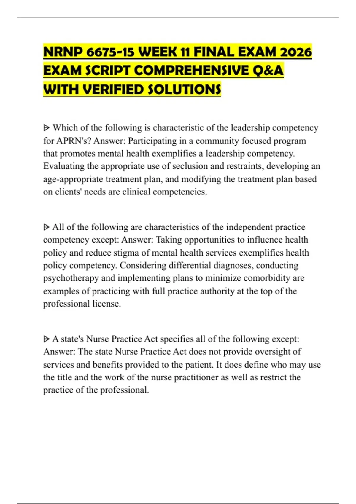 NRNP 6675-15 WEEK 11 FINAL EXAM 2026 EXAM SCRIPT COMPREHENSIVE Q&A WITH ...