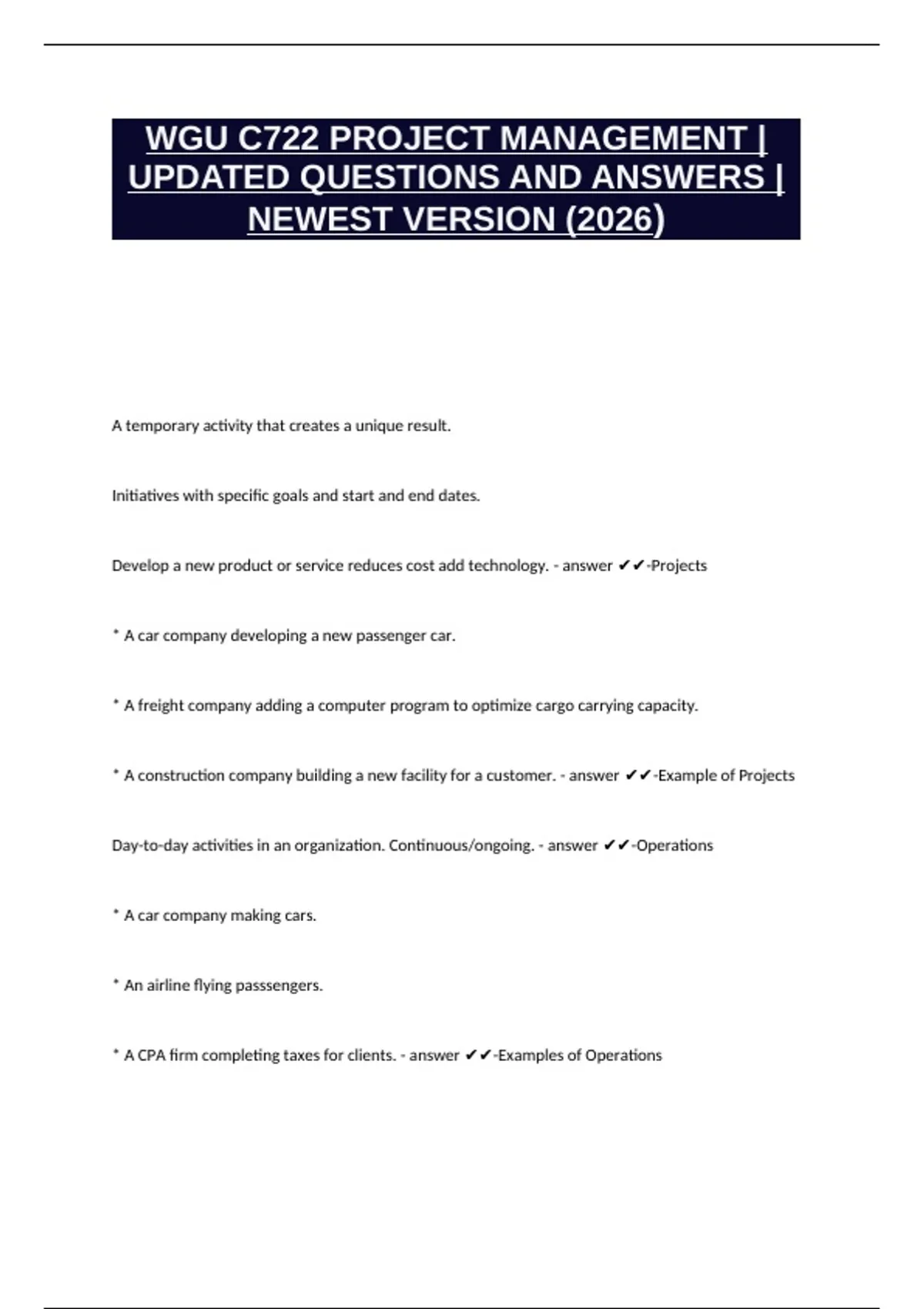 WGU C722 PROJECT MANAGEMENT | UPDATED QUESTIONS AND ANSWERS | NEWEST ...