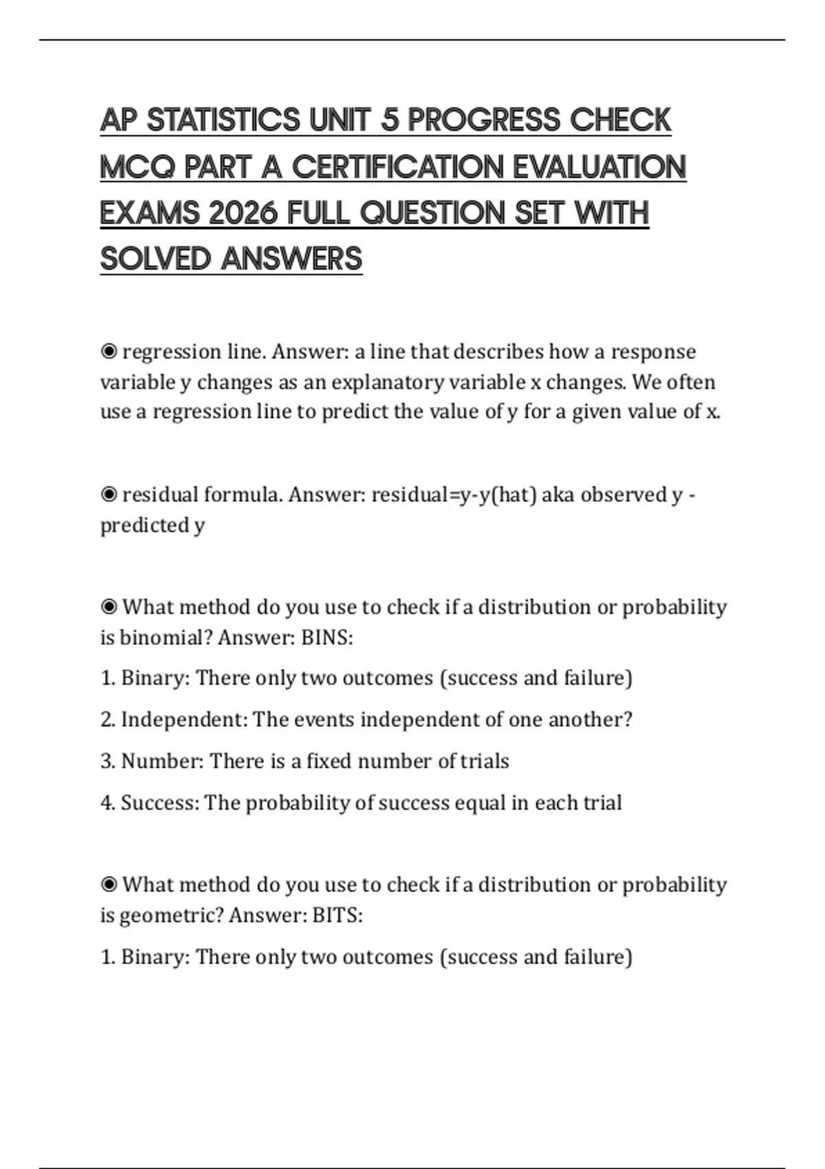 AP STATISTICS UNIT 5 PROGRESS CHECK MCQ PART A CERTIFICATION EVALUATION ...