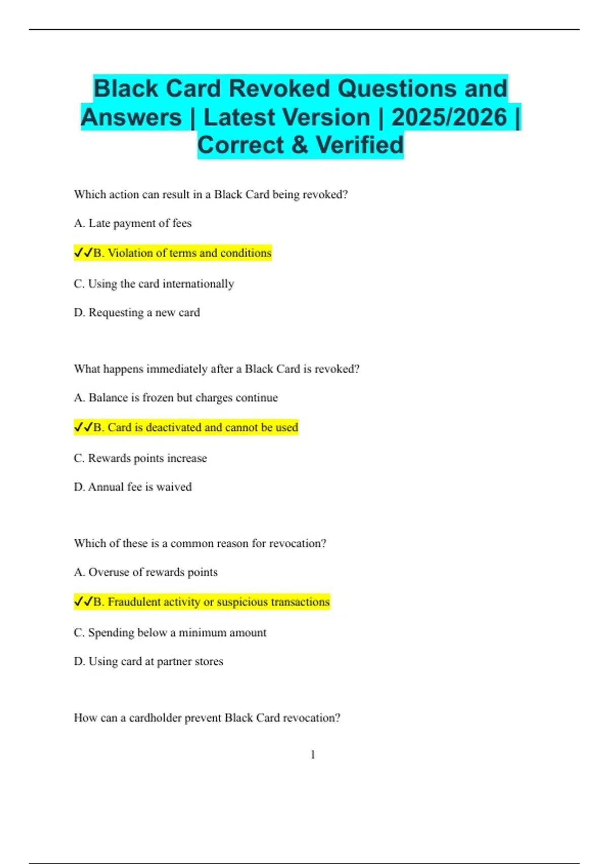 Black Card Revoked Questions and Answers | Latest Version | 2025/2026 | Correct & Verified ...