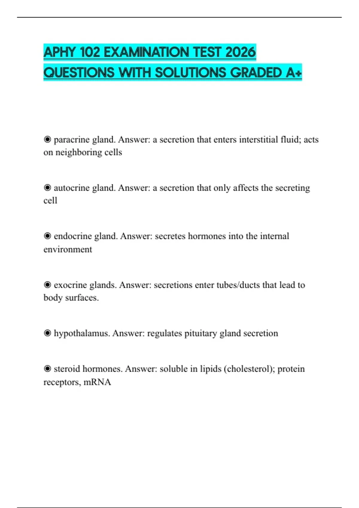 APHY 102 EXAMINATION TEST 2026 QUESTIONS WITH SOLUTIONS GRADED A+ ...