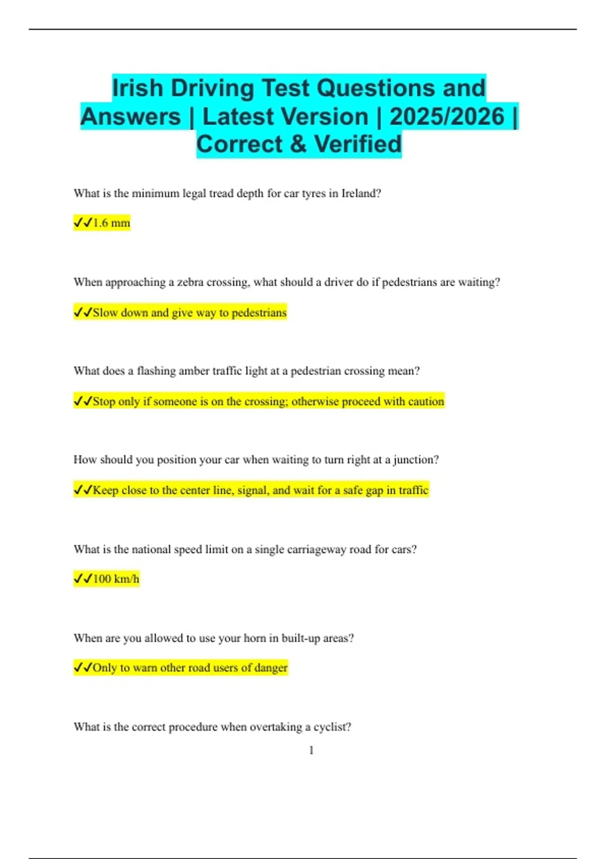 Irish Test Irish Driving Test Questions and Answers | Latest Version | 2025/2026 ...