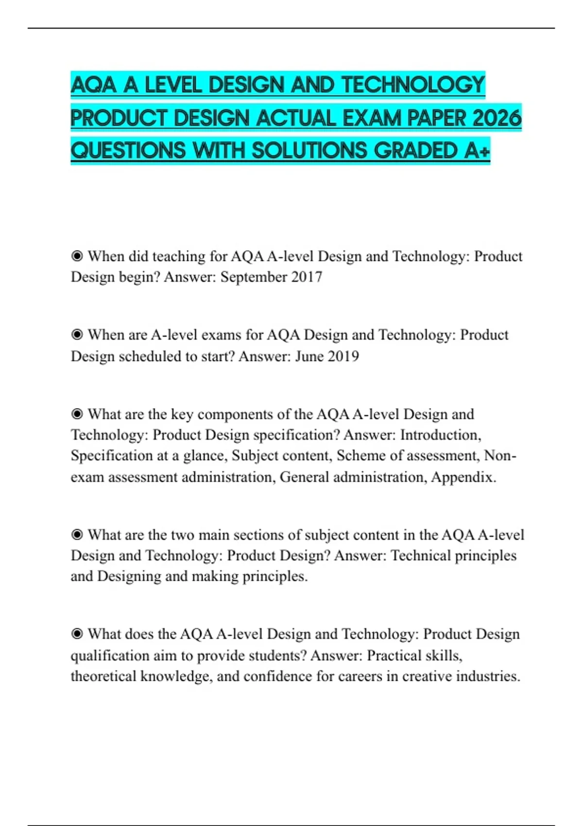 AQA A LEVEL DESIGN AND TECHNOLOGY PRODUCT DESIGN ACTUAL EXAM PAPER 2026 ...