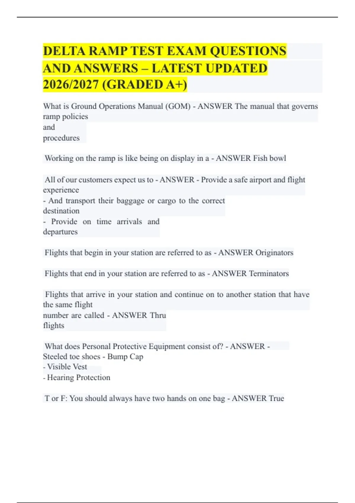 DELTA RAMP TEST EXAM QUESTIONS AND ANSWERS – LATEST UPDATED 2026/2027 ...