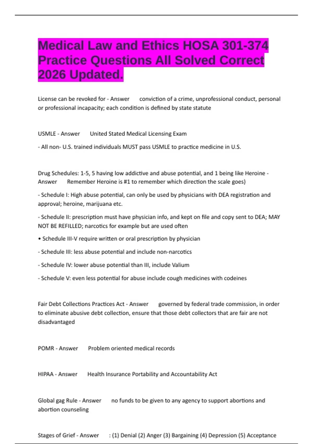 Medical Law and Ethics HOSA 301-374 Practice Questions All Solved ...