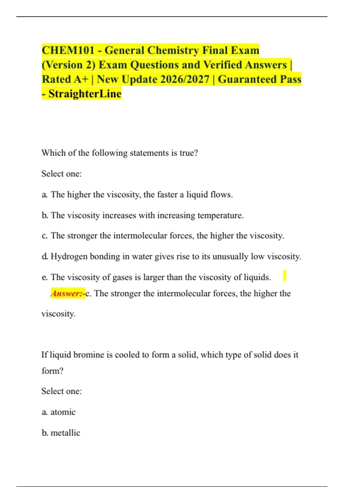 CHEM101 - General Chemistry Final Exam (Version 2) Exam Questions and ...