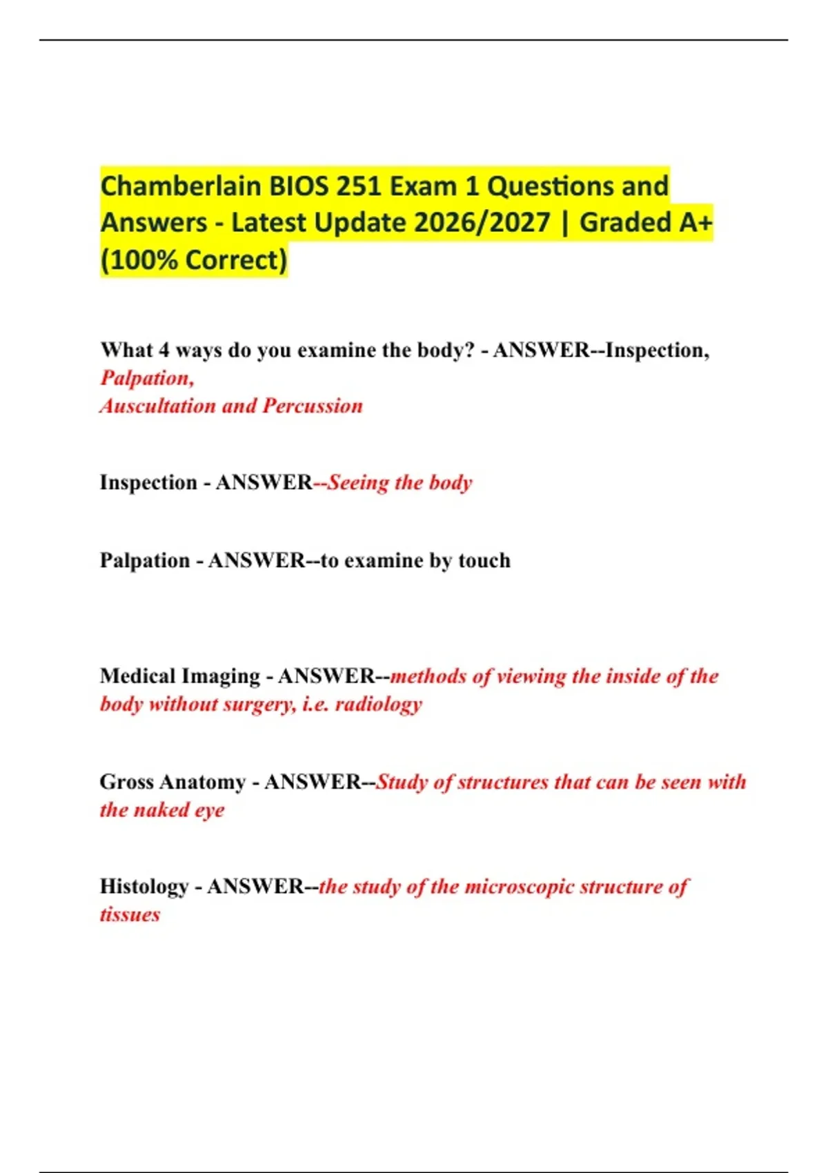 Chamberlain BIOS 251 Exam 1 Questions and Answers - Latest Update 2026/ ...