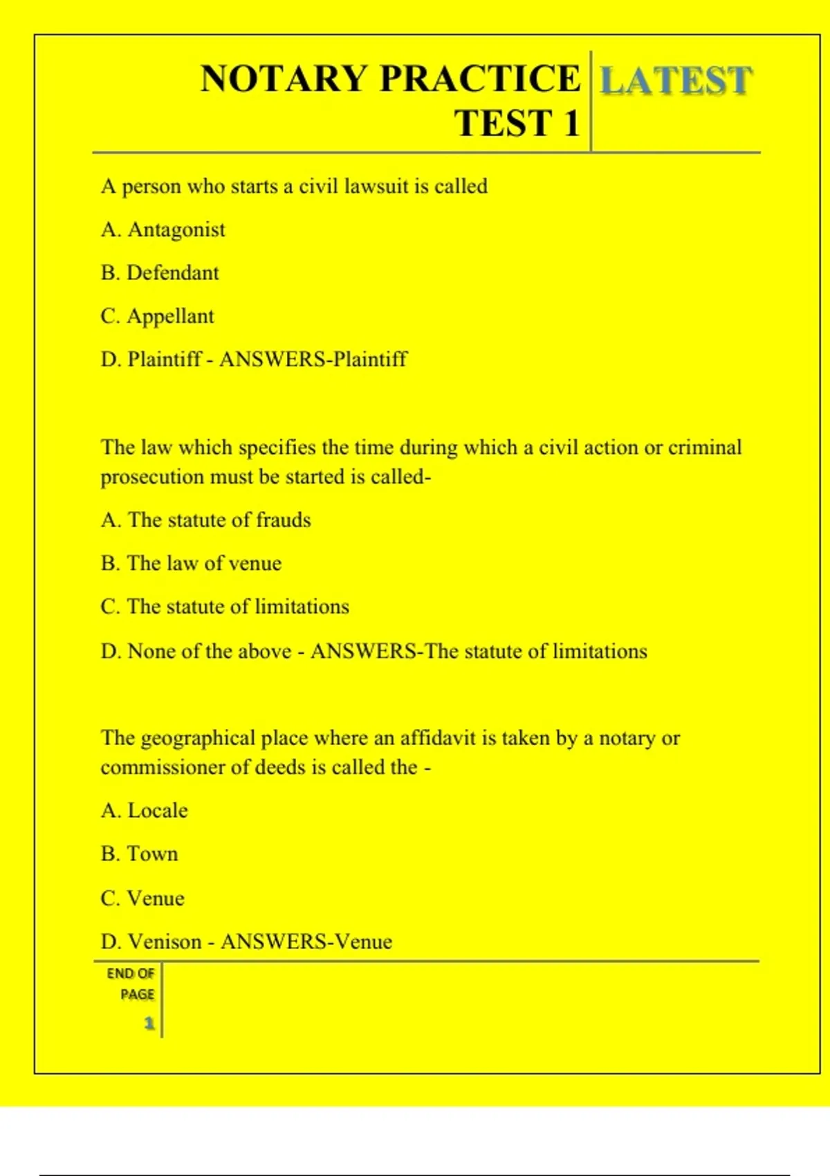 NOTARY PRACTICE TEST 1 QUESTIONS AND ANSWERS 2026 - NOTARY - Stuvia US