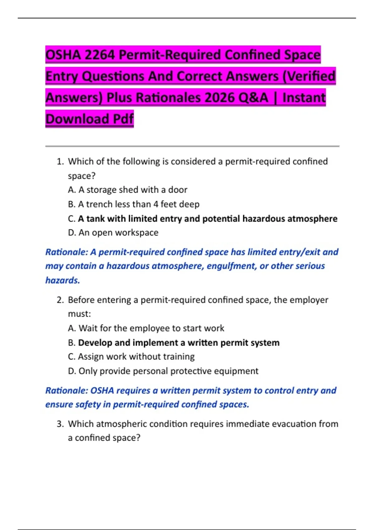 Compstd 2264 OSHA 2264 Permit-Required Confined Space Entry Questions And Correct ...