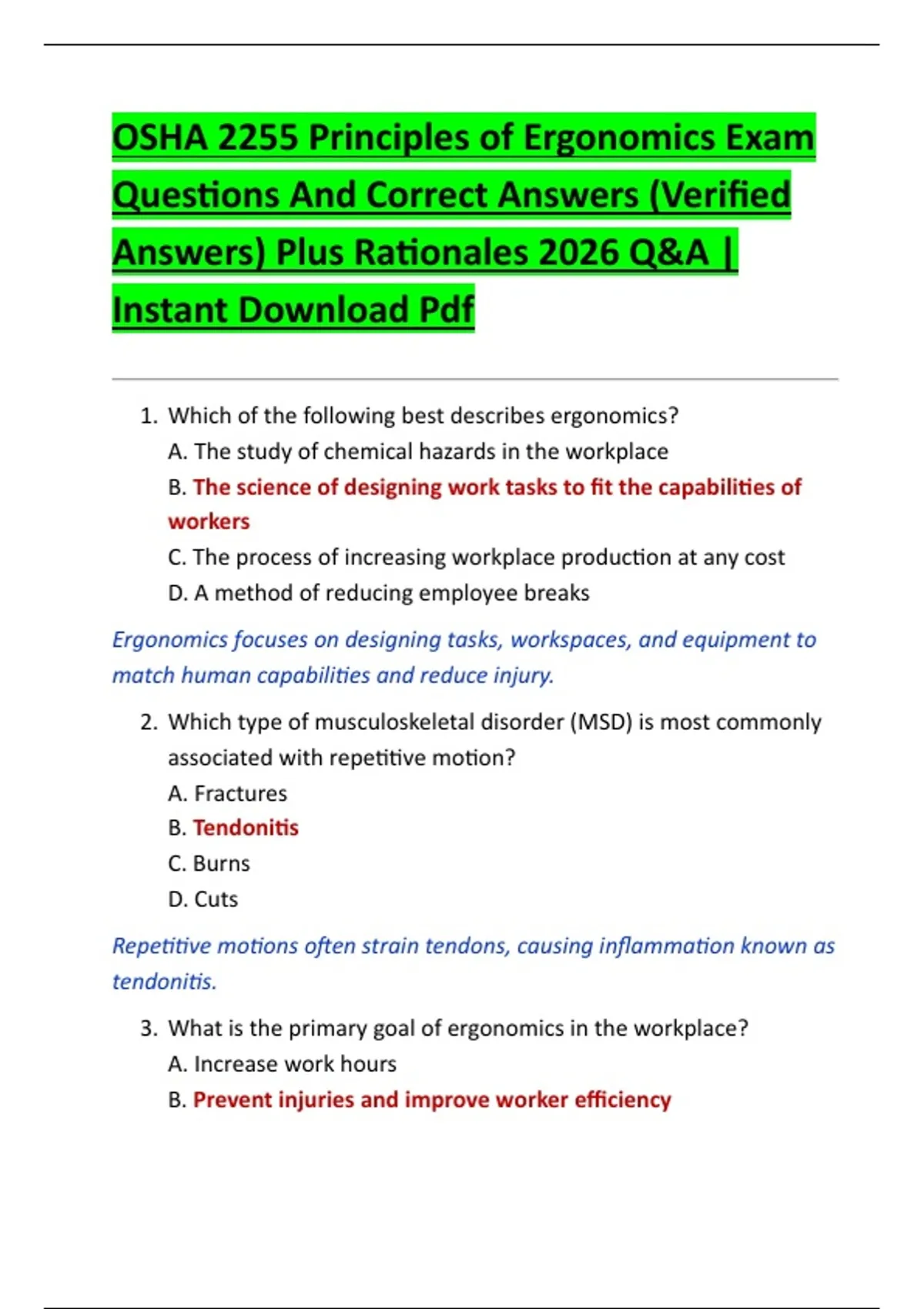 OSHA 2255 Principles of Ergonomics Exam Questions And Correct Answers ...
