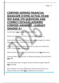 CERTIFIED DEFENSE FINANCIAL  MANAGER &lpar;CDFM&rpar; ACTUAL EXAM  TEST BANK 270 QUESTIONS AND  CORRECT DETAILED ANSWERS  &lpar;VERIFIED ANSWERS&rpar; &vert;ALREADY  GRADED A&plus;  