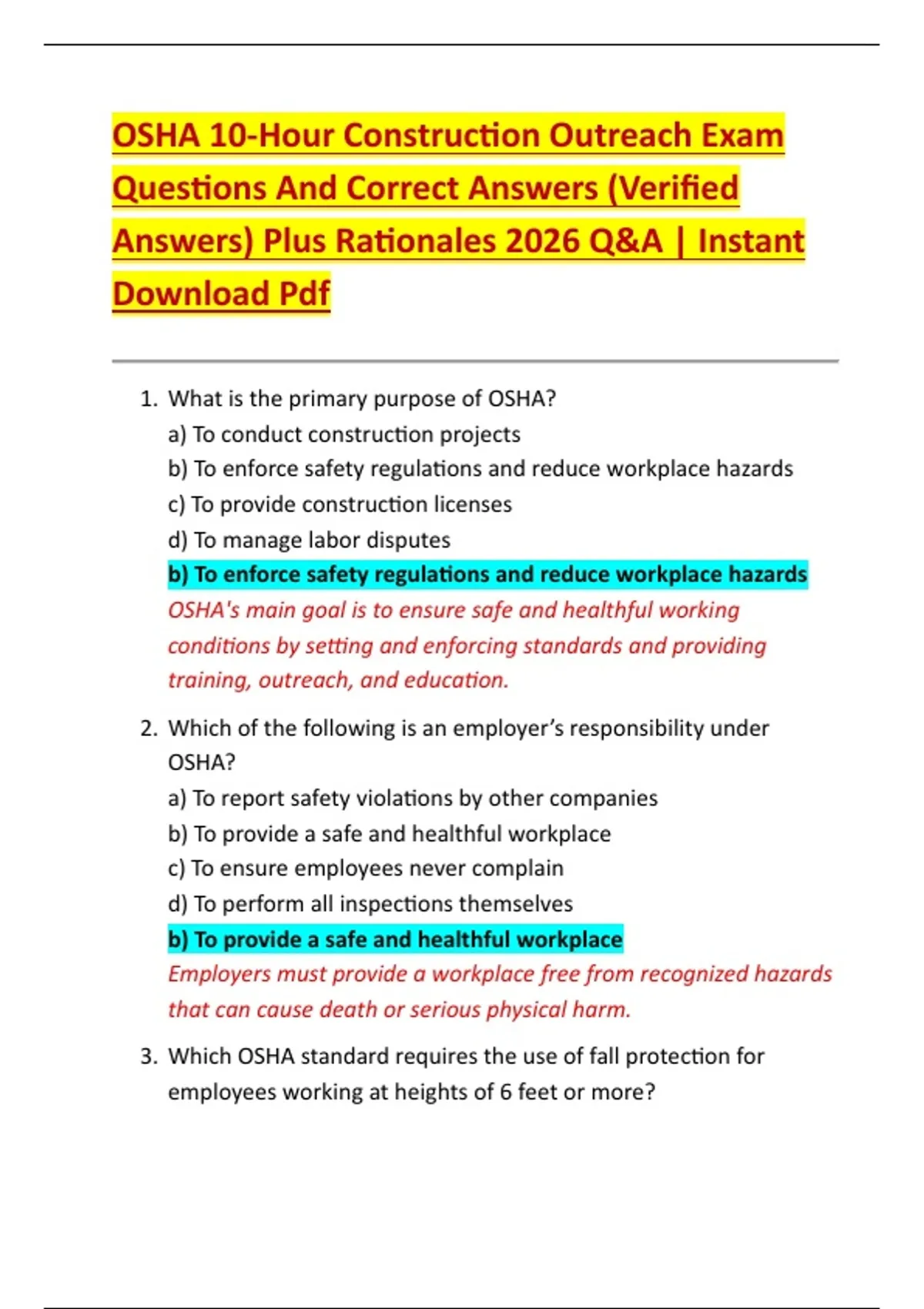 OSHA 10-Hour Construction Outreach Exam Questions And Correct Answers (Verified Answers) Plus ...