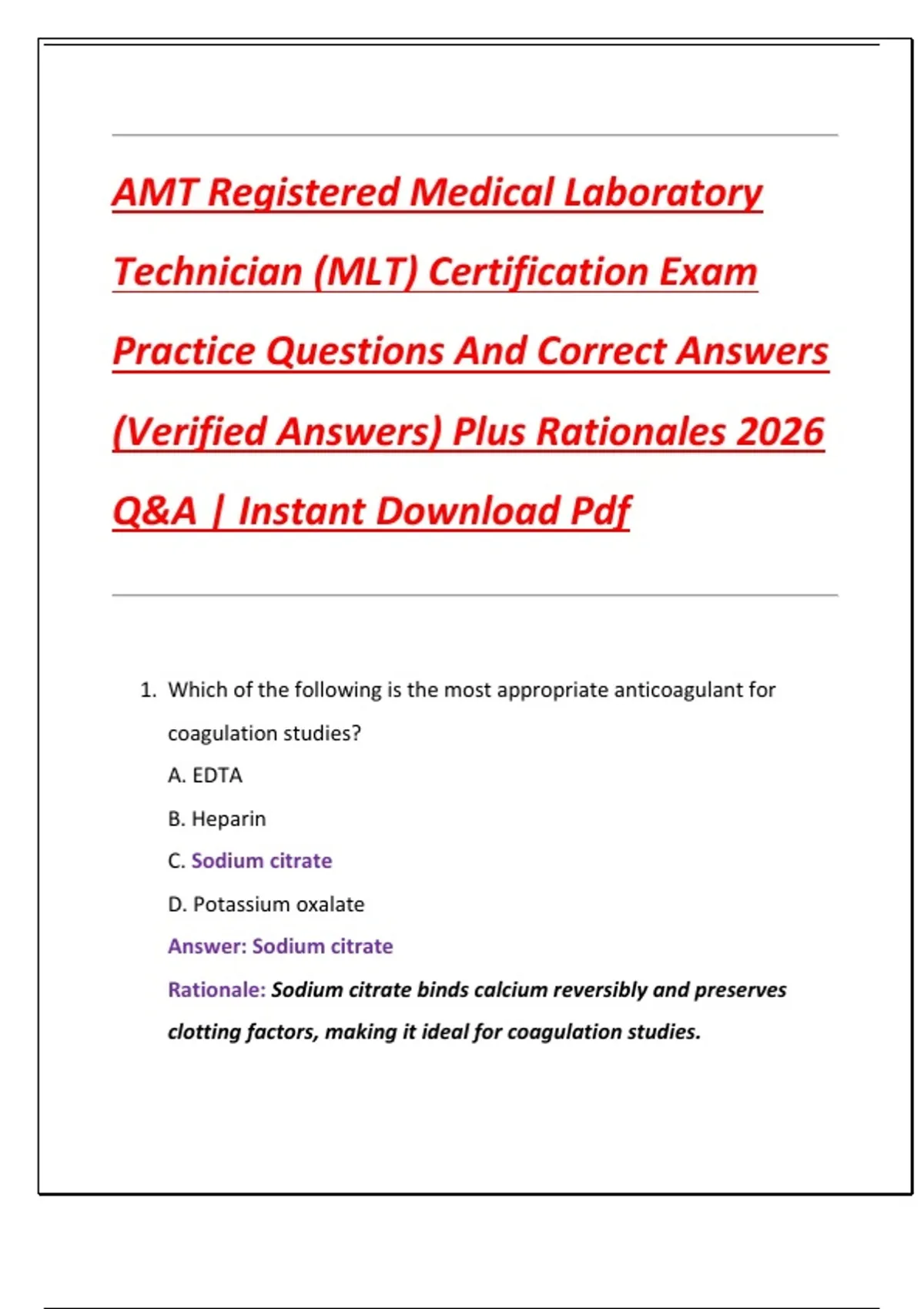 Mlt Comprehensive Exam Question Examples AMT Registered Medical Laboratory Technician (MLT) Certification Exam ...