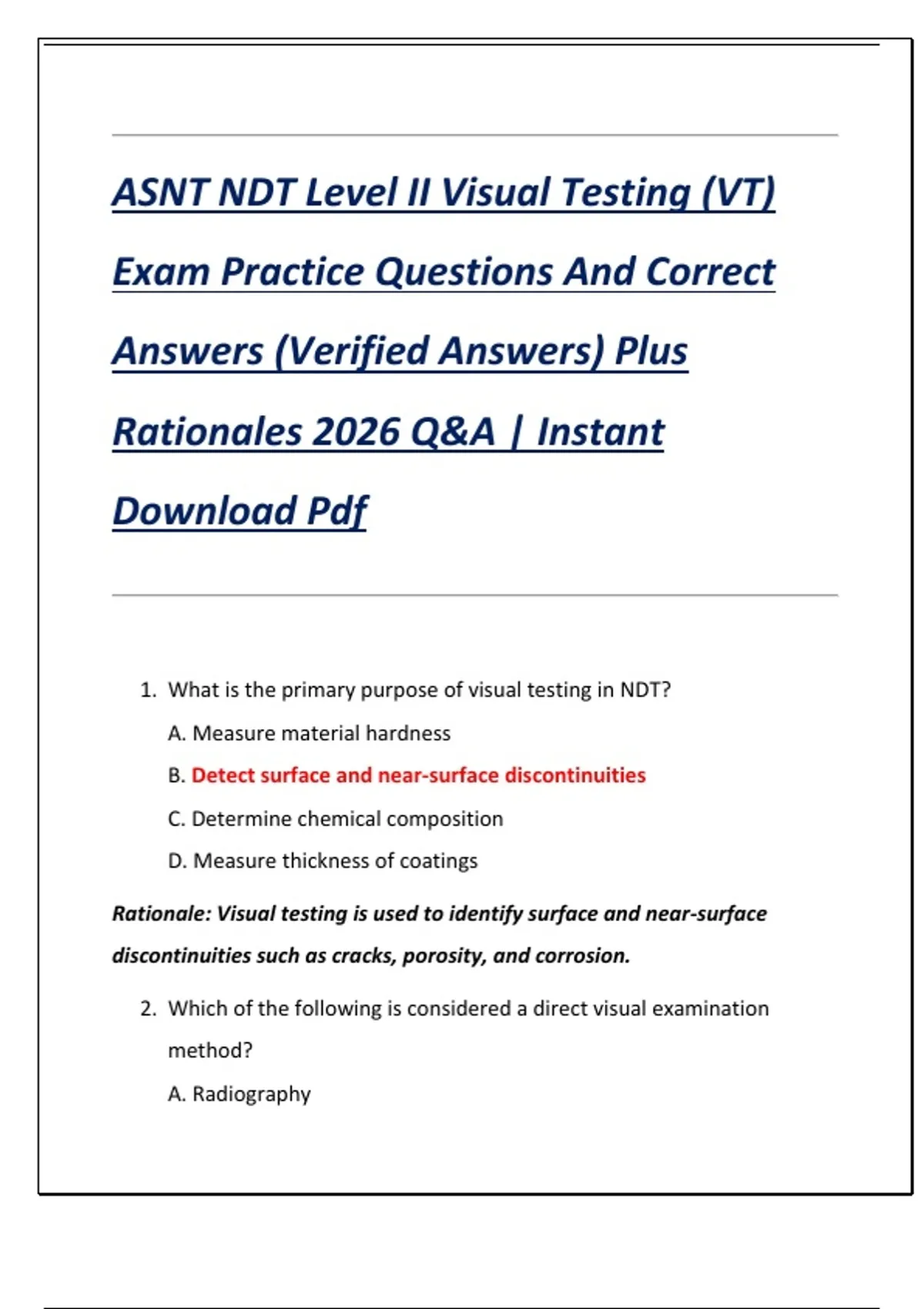 ASNT NDT Level II Visual Testing (VT) Exam Practice Questions And ...