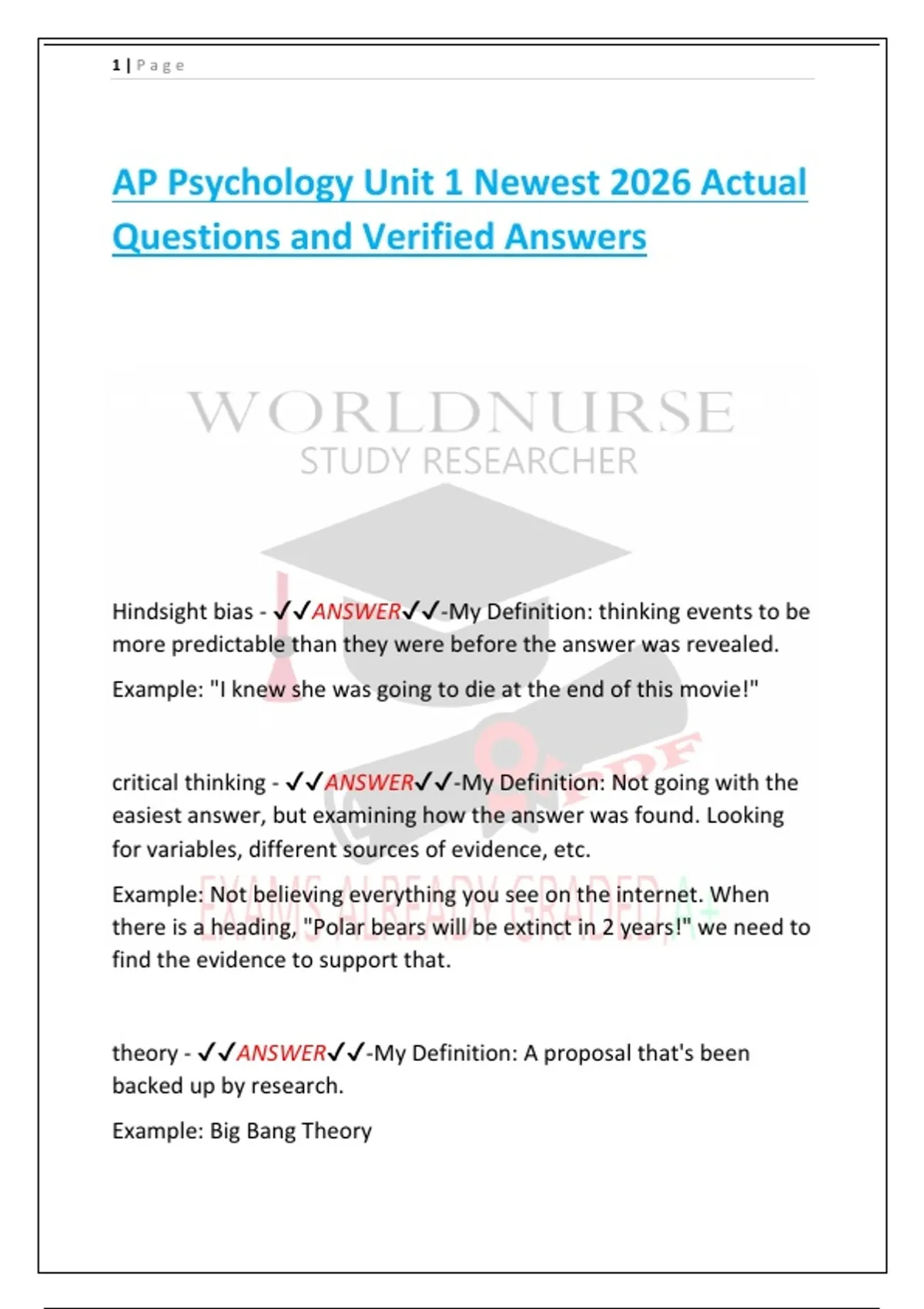 AP Psychology Unit 0 Review Newest 2026 Actual Questions and Verified ...