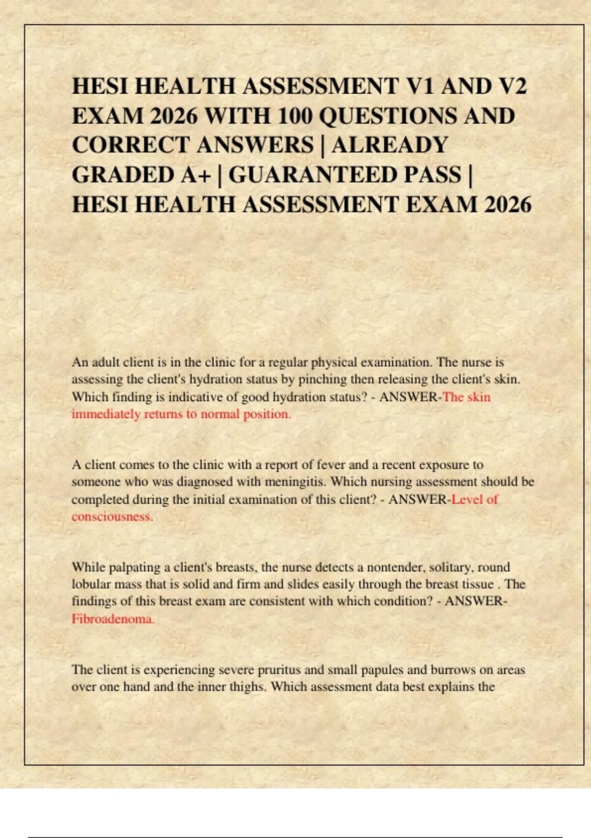 HESI HEALTH ASSESSMENT V1 AND V2 EXAM 2026 WITH 100 QUESTIONS AND ...