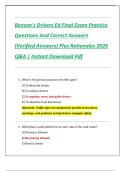 Benson's Drivers Ed Final Exam Practice  Questions And Correct Answers  &lpar;Verified Answers&rpar; Plus Rationales 2026  Q&A &vert; Instant Download Pdf
