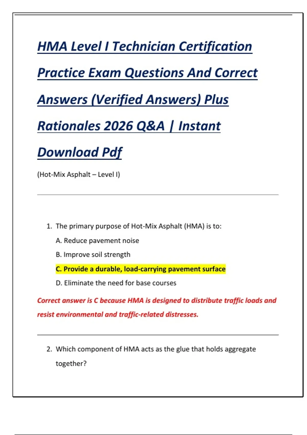 HMA Level I Technician Certification Practice Exam Questions And ...