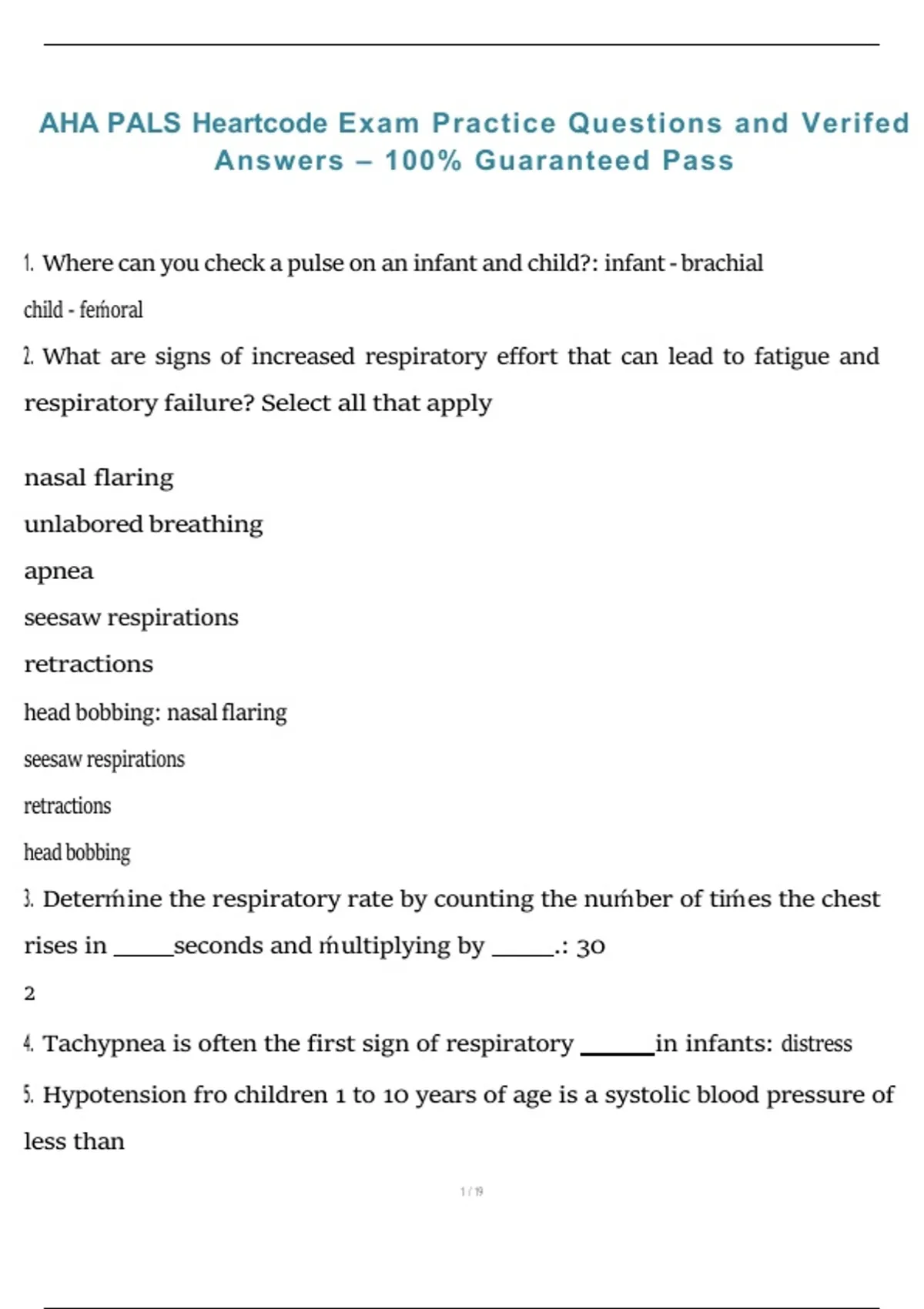 AHA PALS HeartCode Exam Practice Questions and Verified Answers ...