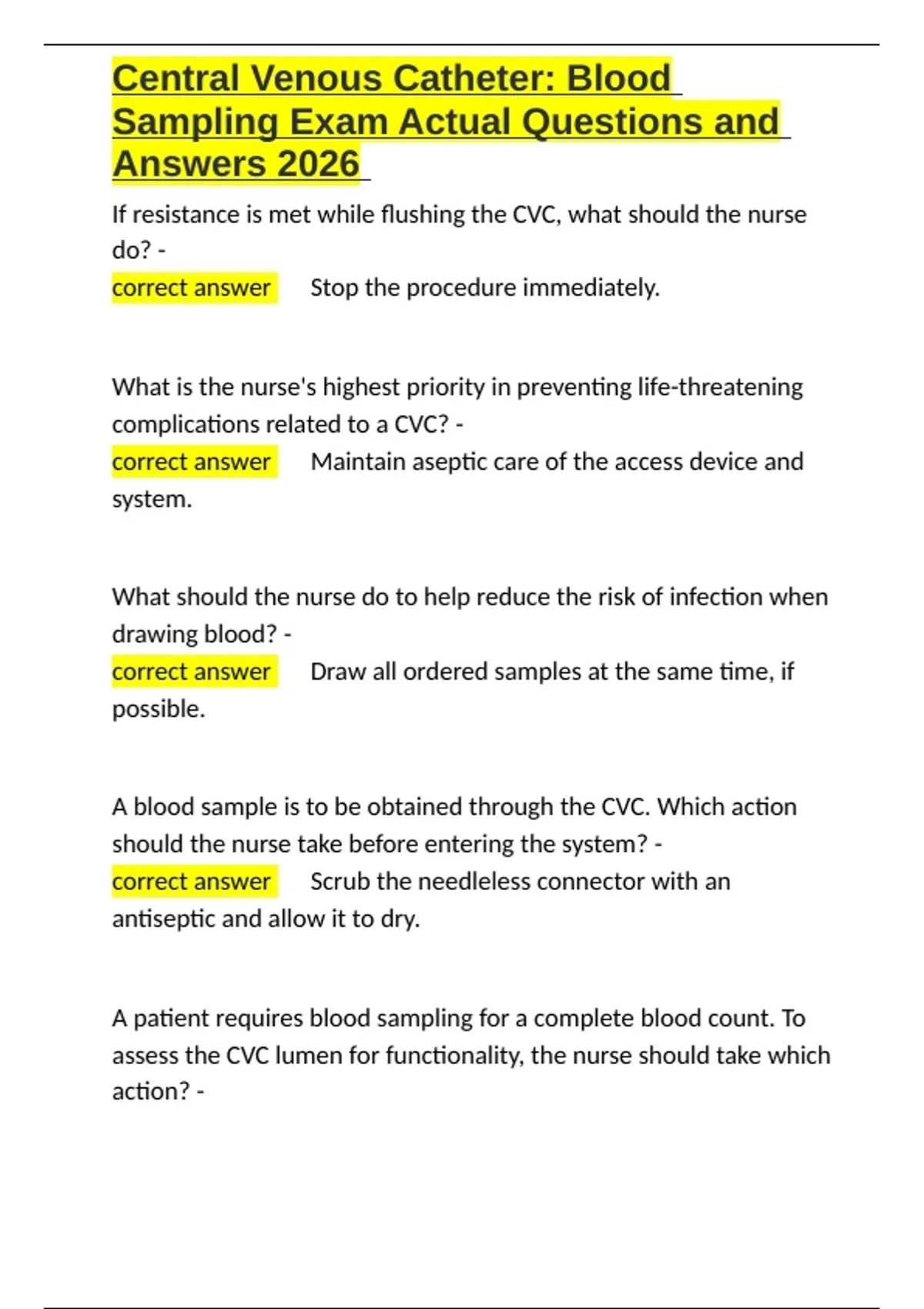 Central Venous Catheter Blood Sampling Exam Actual Questions and Answers 2026.docx - 2026 ...